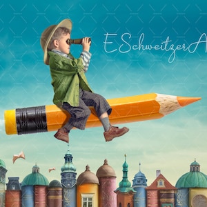 Back To School Digital Backdrop for Photographers.Flying On Pencil Funny Photoshop Background. Children Photography.