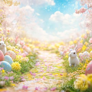 Könnte beinhalten: Zwei weiße Kaninchen sitzen auf einem Weg, der mit bunten Blumen und Ostereiern gesäumt ist. Der Weg führt zu einem strahlend blauen Himmel mit flauschigen weißen Wolken.