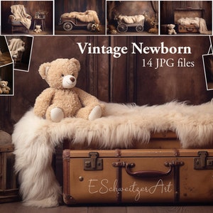 Vintage Newborn Backdrop. Car Curly Fur Blanket Chair Suitcase. Digital Download. Rustic dark brown wooden background. 14 PACK. Bundle.