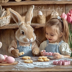 May include: A young girl in a blue overall dress is baking with a brown bunny wearing a blue overall. They are using cookie cutters to make cookies in the shape of flowers. There are pink Easter eggs and a pink cookie cutter on the table.