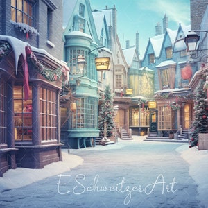 May include: A snowy, cobblestone street lined with quaint, brightly colored buildings decorated with Christmas garlands and wreaths. The street is empty, with a single street lamp casting a warm glow. The text "E Schweitzer Art" is visible in the lower right corner.