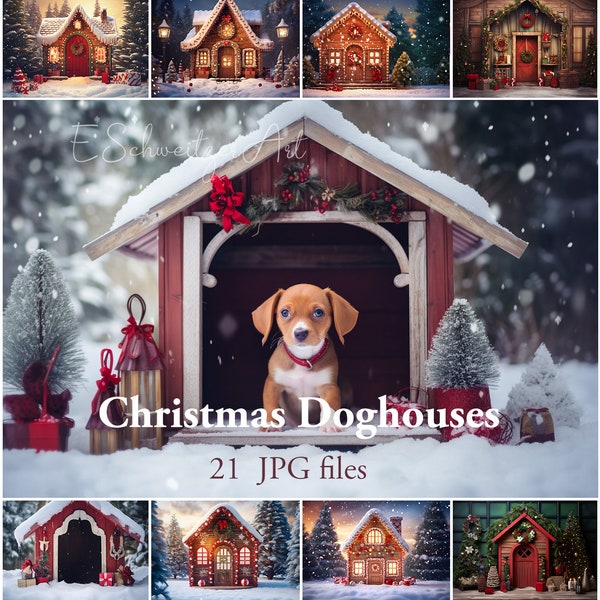 Christmas Doghouse Digital Backdrop Bundle. AI generated. Dog House Magic Christmas Winter Backgrounds. 21 PACK