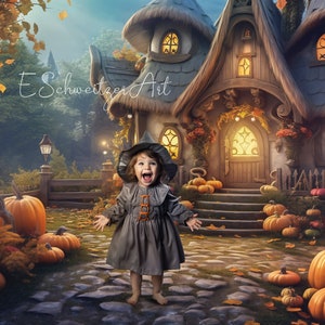 Könnte beinhalten: Ein kleines Kind, verkleidet als Hexe, steht vor einem märchenhaften Herbst-Häuschen. Das Kind trägt ein graues Kleid und einen schwarzen Hexenhut. Das Häuschen ist mit Kürbissen und Herbstlaub geschmückt. Die Szene spielt in einem magischen Wald.