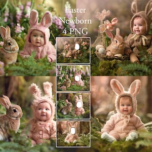 Puede incluir: Cuatro imágenes digitales de un bebé con un disfraz de conejito rosa en un entorno boscoso con conejos. Las imágenes son para descargar digitalmente y se pueden usar para manualidades, scrapbooking y otros proyectos creativos.