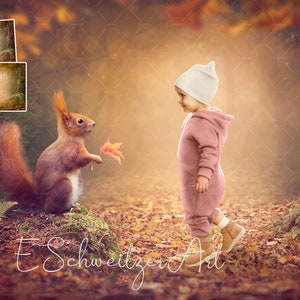 Magic Autumn Forest Digital backdrop for Photographers. Children Photography. Fairy Wood Fantasy Background. cute squirrel Instant Download
