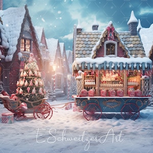 Winter Fairy Tale Christmas Market. Candy cart. Magic Town City Backdrop for Photo Photoshop Composing. AI generated digital background