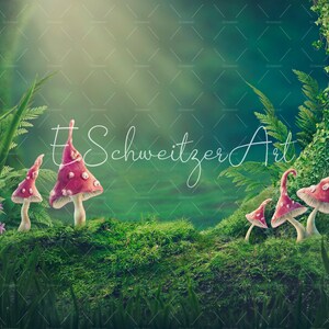 Magic Forest. Fantasy Backdrop with Toadstool. Nature background. Copyspace. Enchanted Forest. Magical Fairy Wood. digital download. Moss.