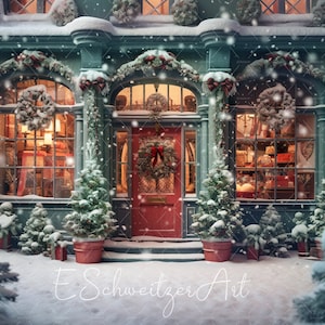 May include: A green storefront with a red door and windows decorated with wreaths and garlands. The storefront is covered in snow and there are two small evergreen trees in pots on either side of the door. The text "E Schweizer Art" is written in white on the snow in front of the storefront.