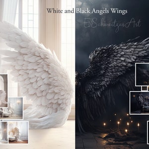 White And Black Angel Wings. Digital Backdrop for Photo Photoshop Composing. AI generated background. 13 PACK