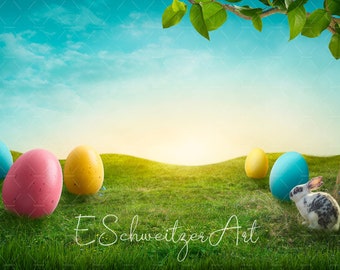 Simple Happy Easter Background with Rabbit and Colorful Eggs for Photographers. digital download. FieldLandscape. Grass Meadow. Copyspace