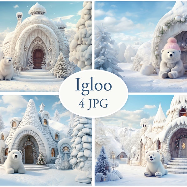 Igloo White Cute Polar Bear Fanny Backdrop for Photo Photoshop Composing. Winter Snowy Arctic Digital Background. 4 PACK.