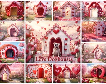 Valentine Love Doghouse Digital Backdrop Bundle. AI generated. Hearts Dog House Fantasy Valentines Day Backgrounds. 13 PACK