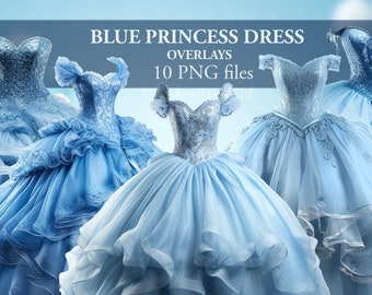 Blue Princess Girl Dress Ball Gown Photo Overlay. 10 PACK.  PNG files. Digital Download. Clipart Photography Photoshop Composing.