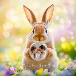 Könnte beinhalten: Ein braunes Kaninchen hält eine klare Glaskugel mit einer dreiköpfigen Familie darin. Die Familie lächelt und der Hintergrund ist ein verschwommenes Bild eines Blumenfeldes.