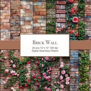 Könnte beinhalten: Ein nahtloses digitales Muster mit 22 Ziegelmauertexturen mit rosa Rosen und grünen Ranken. Das Muster ist 30,48 cm x 30,48 cm groß und hat eine Auflösung von 300 dpi.