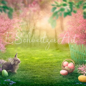 Easter Digital Backdrop With Hare And Basket For Photography Compositions. Easter Eggs. Easter Rabbit. Spring Background. Easter Bunny.