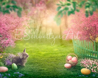Easter Digital Backdrop With Hare And Basket For Photography Compositions. Easter egg. Easter Rabbit. spring background easter bunny