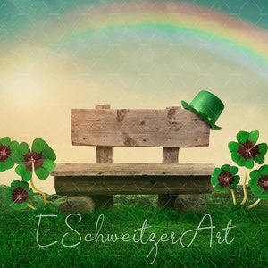 Könnte beinhalten: Eine Holzbank mit einem grünen Leprechaun-Hut, der auf der Rückenlehne sitzt. Die Bank ist von grünen Kleeblättern umgeben und im Hintergrund ist ein Regenbogen zu sehen.