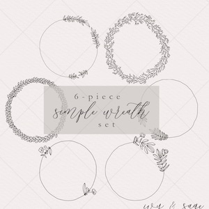 Hand Drawn Simple Minimalist Wreath Set, Sketched Line Art, PNG Clip Art, Botanical Floral Leaves Leaf Flowers Foliage, Wedding, DIY