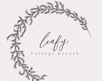 Leafy Wreath Line Art, Hand-Drawn Botanical PNG Clipart (Digital Download)