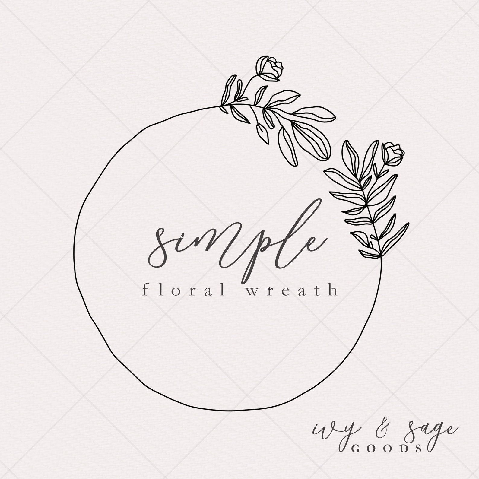 Simple Floral Wreath, Hand Drawn, Sketched Line Art, PNG Clip Art