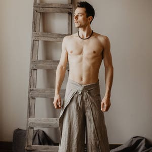 Mens Linen Pants, Lounge Pants, Drawstring Pants, Gray Linen