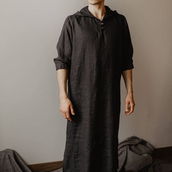 Men Kaftan Linen Hooded Caftan Mens Djellaba Linen Loungewear Linen Thobe  Long shirt Homewear Linen Robe Linen Beach wear Custom order