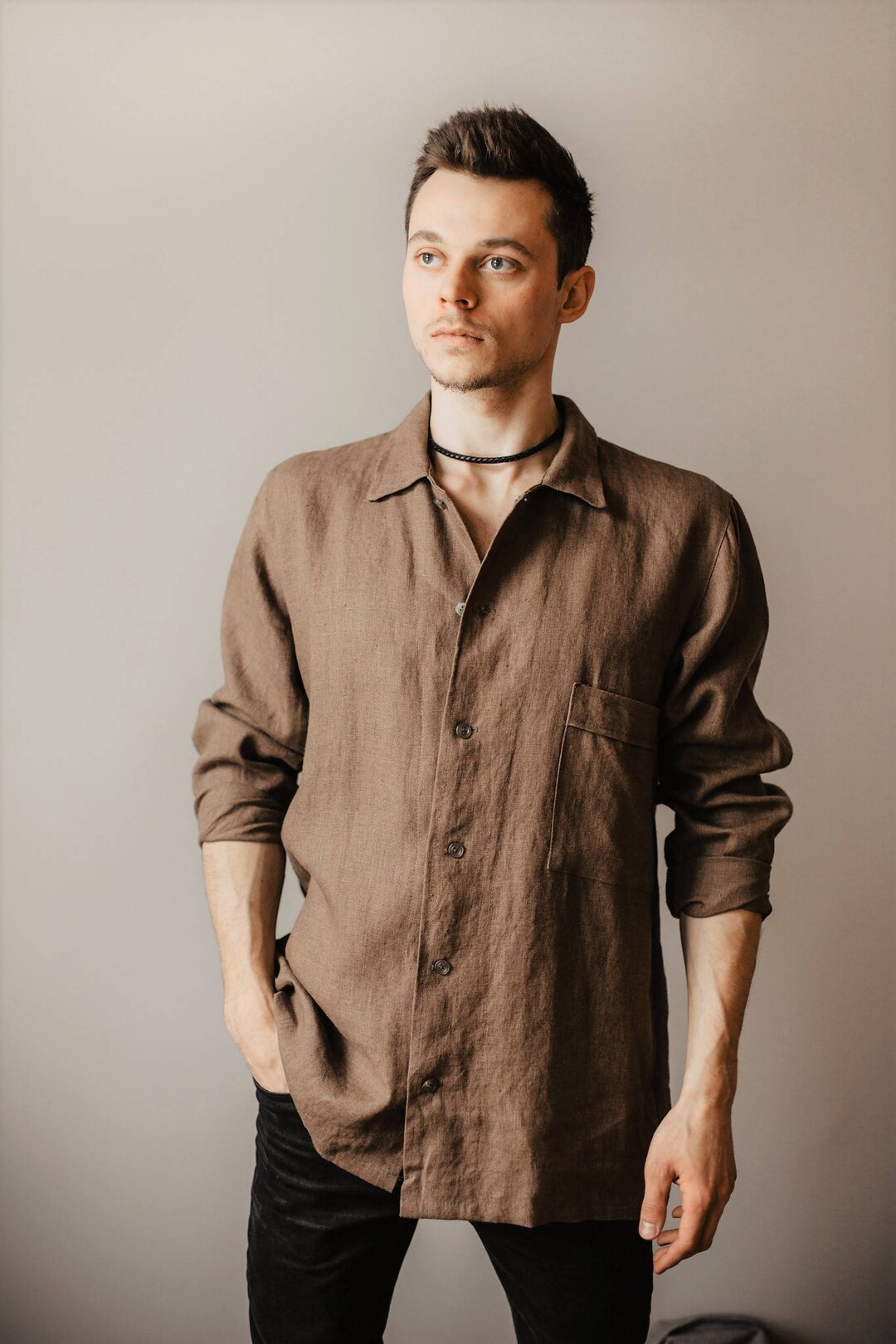 Brown Linen Shirt Mens Linen Shirt Men's Summer Shirt Long Sleeve Linen
