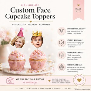 K&ouml;nnte beinhalten: Individuelle Cupcake-Topper mit Fotos. Das Bild zeigt zwei Cupcakes mit rosa Zuckerguss und goldenen Streuseln, die jeweils mit einem Foto eines Gesichts belegt sind. Der Text auf dem Bild lautet "Custom Face Cupcake Toppers".