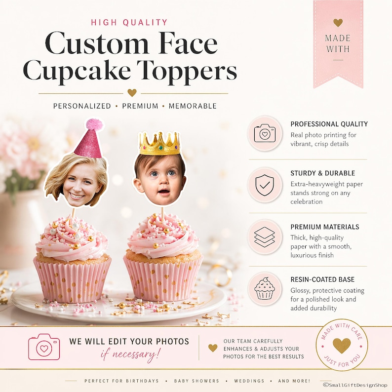 K&ouml;nnte beinhalten: Individuelle Cupcake-Topper mit Fotos. Das Bild zeigt zwei Cupcakes mit rosa Zuckerguss und goldenen Streuseln, die jeweils mit einem Foto eines Gesichts belegt sind. Der Text auf dem Bild lautet "Custom Face Cupcake Toppers".