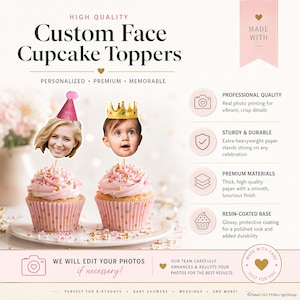 May include: Custom face cupcake toppers with personalized photos. The image shows two cupcakes with pink frosting and gold sprinkles, each topped with a photo of a person's face. Text on the image reads "High Quality Custom Face Cupcake Toppers".