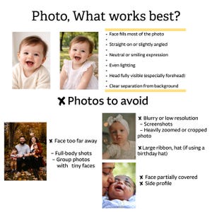 K&ouml;nnte beinhalten: Bild mit Text: &bdquo;Photo, What works best?&ldquo; und &bdquo;Photos to avoid&ldquo;. Das Bild zeigt Beispiele f&uuml;r gute und schlechte Babyfotos. Der Abschnitt &bdquo;What works best?&ldquo; zeigt l&auml;chelnde Babys. Der Abschnitt &bdquo;Photos to avoid&ldquo; zeigt Beispiele f&uuml;r schlechte Fotos.