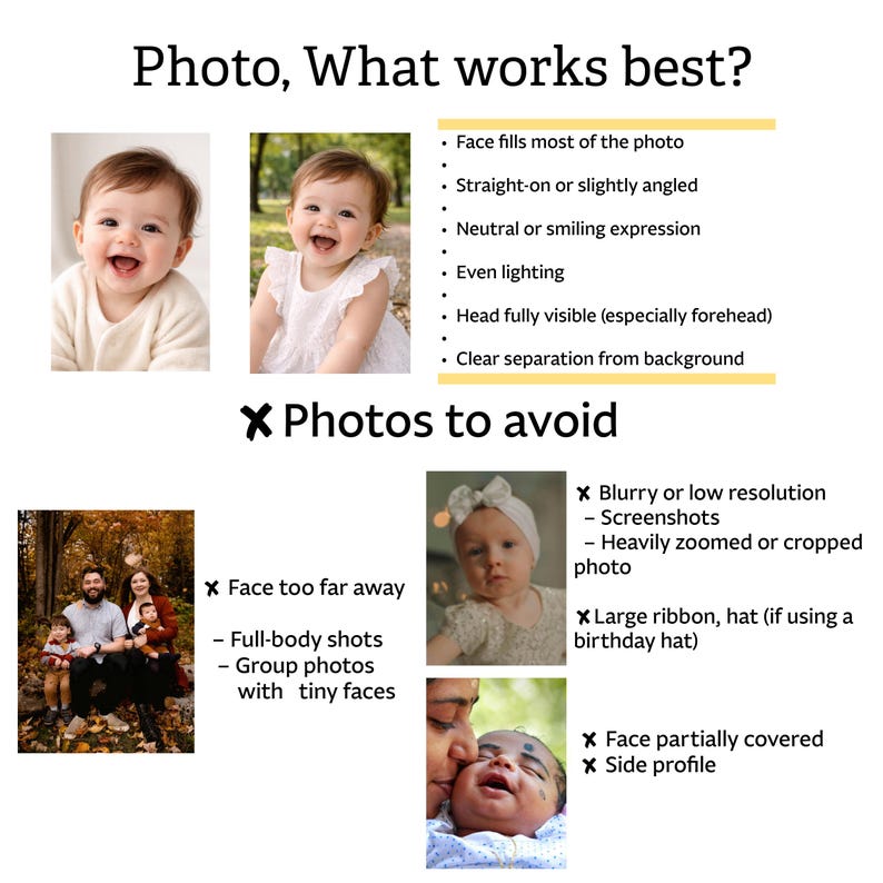 K&ouml;nnte beinhalten: Bild mit Text: &bdquo;Photo, What works best?&ldquo; und &bdquo;Photos to avoid&ldquo;. Das Bild zeigt Beispiele f&uuml;r gute und schlechte Babyfotos. Der Abschnitt &bdquo;What works best?&ldquo; zeigt l&auml;chelnde Babys. Der Abschnitt &bdquo;Photos to avoid&ldquo; zeigt Beispiele f&uuml;r schlechte Fotos.