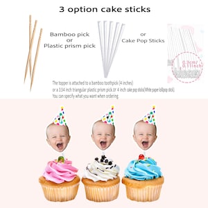 K&ouml;nnte beinhalten: Bild von Tortenaufs&auml;tzen mit Babygesichtern, die Partyh&uuml;te tragen. Das Bild zeigt drei Cupcakes mit verschiedenen Zuckergussfarben. Der Text lautet "3 option cake sticks" und beschreibt die verschiedenen Stieloptionen.