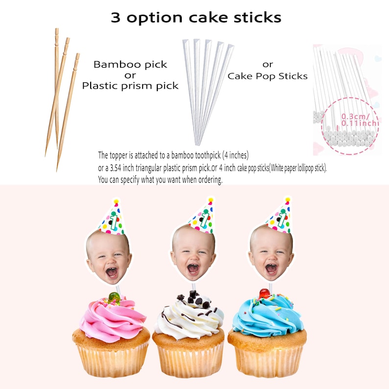 K&ouml;nnte beinhalten: Bild von Tortenaufs&auml;tzen mit Babygesichtern, die Partyh&uuml;te tragen. Das Bild zeigt drei Cupcakes mit verschiedenen Zuckergussfarben. Der Text lautet "3 option cake sticks" und beschreibt die verschiedenen Stieloptionen.