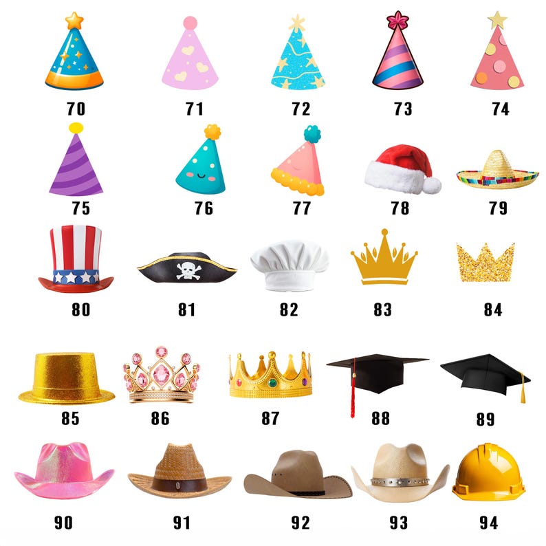 K&ouml;nnte beinhalten: Eine Sammlung verschiedener H&uuml;te und Kopfbedeckungen, darunter Partyh&uuml;te, ein Weihnachtsmannhut, ein Sombrero, Kronen, eine Abschlusskappe, ein Cowboyhut und ein Bauhelm. Jeder Artikel ist nummeriert.