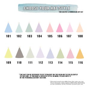 May include: A selection of party hat styles in various pastel colors, each labeled with a number from 101 to 116. The text "CHOOSE YOUR HAT STYLE" is at the top, with additional text below.
