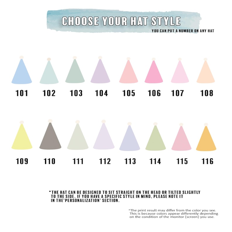 May include: A selection of party hat styles in various pastel colors, each labeled with a number from 101 to 116. The text "CHOOSE YOUR HAT STYLE" is at the top, with additional text below.