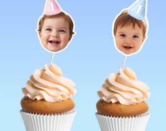 Customized  Faces Photo Party hat cupcake topper for first  birthday photos party hat cupcake  face on stick
