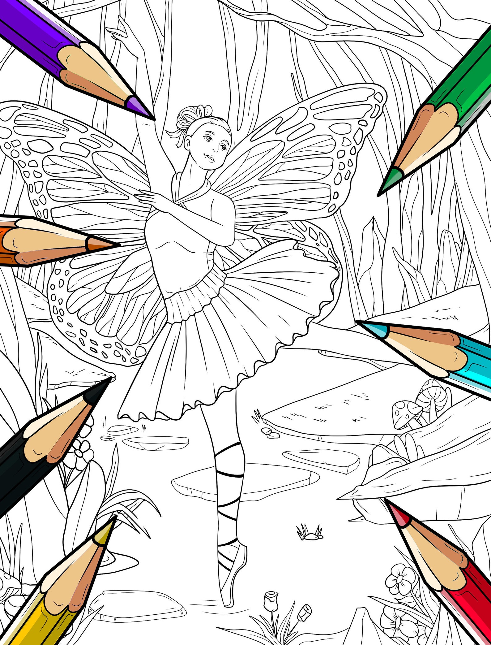 Dancing Fairy Coloring Page with Colored Page for Coloring or | Etsy