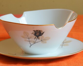 On Sale Made in Germany Rosenthal Shadow Rose Large Coupe SaladSoup Bowl with Gold Rim Fine Dining Dish