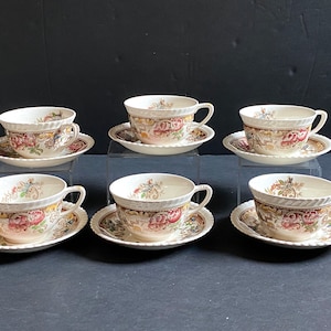 JOHNSON BROTHERS England Ironstone Devonshire pattern teacup and saucer set of 6, brown multicolor, 12pcs, ca. 1940s excellent condition