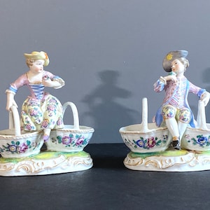 MEISSEN Man and Woman  Figural Salt Cellars ,circa 1924-34, multiple colors and gold decoration, 1st choice, excellent condition