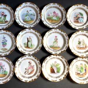 exquisite Germany Carl Tielsch-Altwasser Porcelain Plates, handpainted  &quot;Monthly Lady&quot; design, set of 12, heavy Gold Accents, rare, Ca.1847