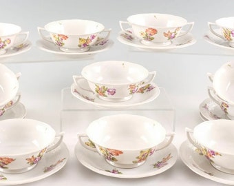 Christmas sale! Rare Ca. 1920s Herend "Bouquet of Flowers" double handled Cream Soup bowls & Saucers for 12, floral motif and Woven border
