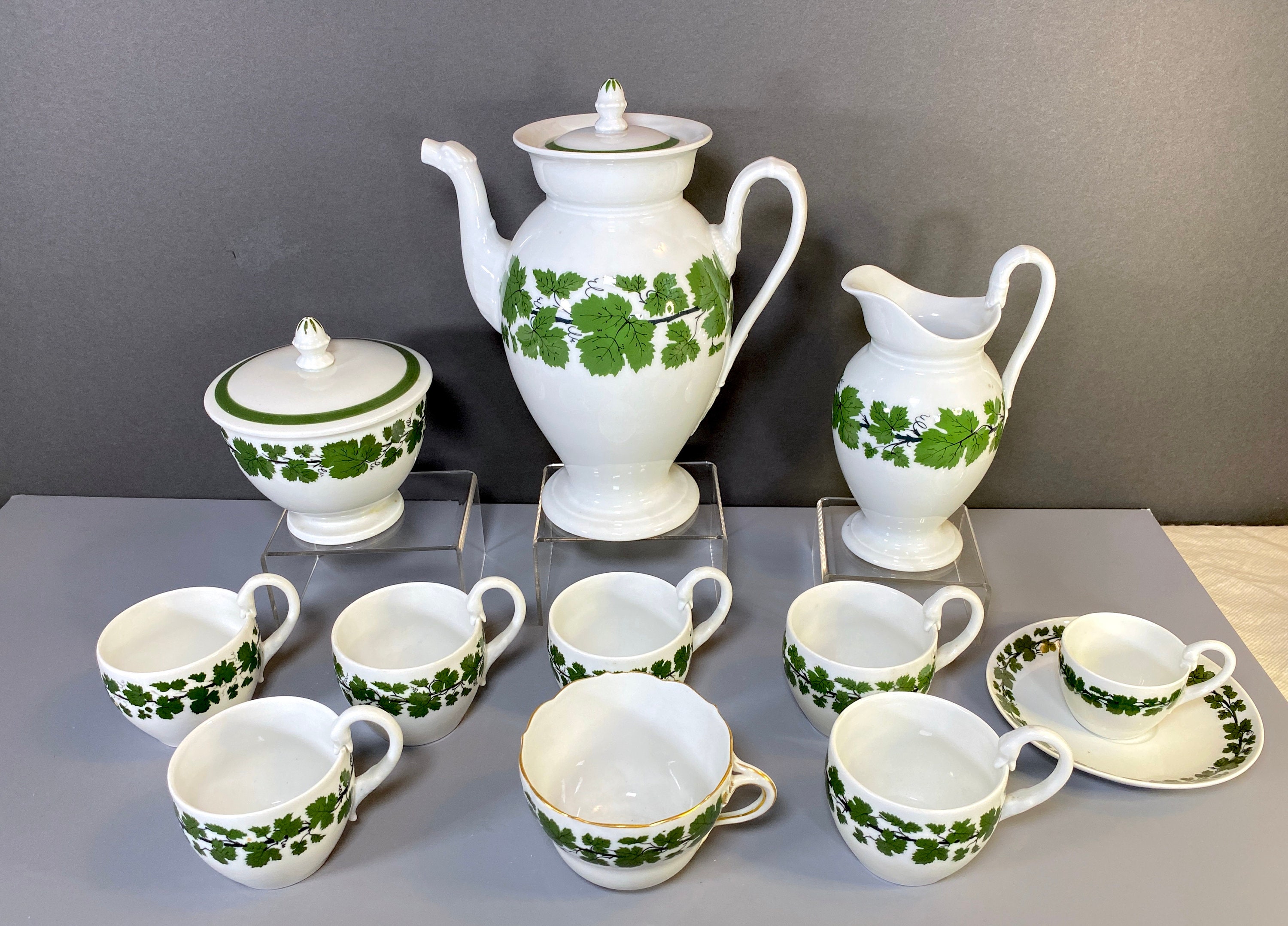 Meissen coffee service, green vine, with snake/dragon shaped handles and spout, 19th-20th century