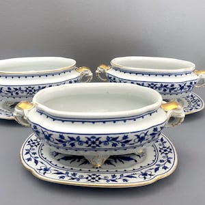 Royal Worcester Blue and white porcelain tureens with underplates, Gilt, 6 pieces, ca.1880s, nice condition, rare!