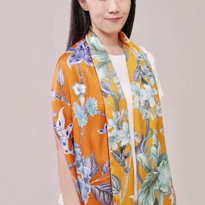 Extra long! 100% mulberry silk scarf - Glory in the Flower -75&#39;&#39;x18&#39;&#39;, 19 momme silk twill scarf