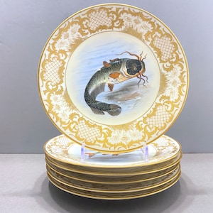 Rare!Antique Limoges Imperial Vienna for Ovington Brothers New York gold encrusted hand-painted fish Plates, set of 6, ca. 1900s, Gorgeous!