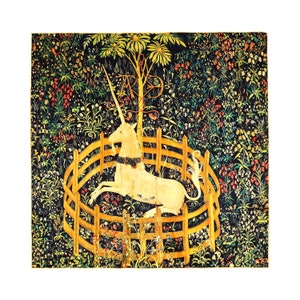 100% mulberry silk charmeuse/satin scarf &quot;The Unicorn Rested in a Garden&quot; 19 momme high quality silk, 35&#39;&#39;x35&#39;&#39; square scarf